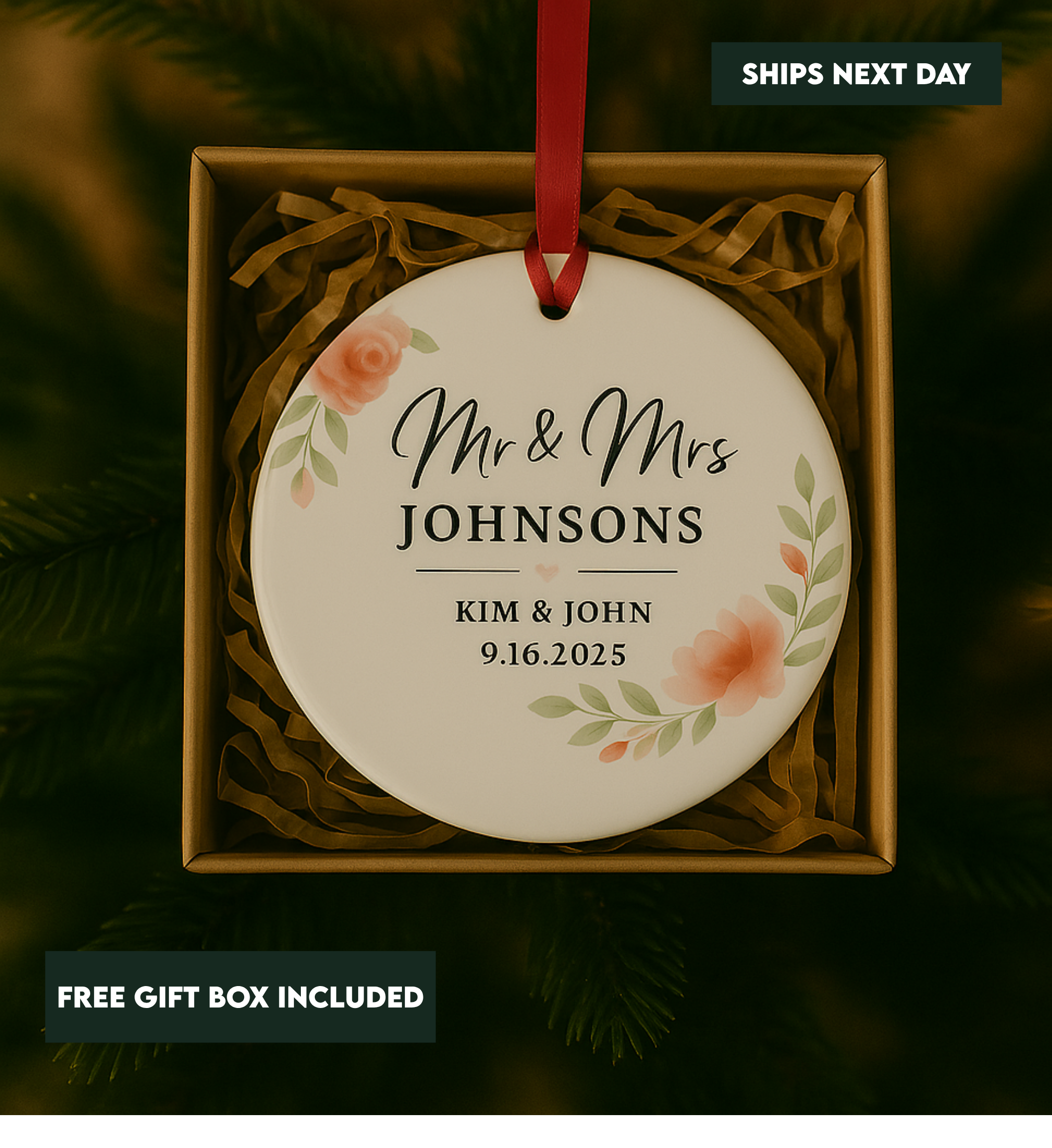 Customized Mr& Mrs Marriage Ornament - Personalized Name Floral Design Christmas Ornament - Floral Logo Ornament