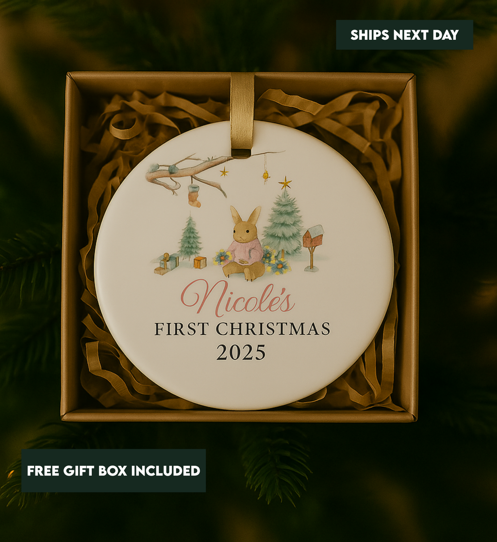 Girl's Christmas Ornament - Personalized  Christmas Tree and Rabbit Ornament - Customized Girl's Name Christmas Ornament - Baby Bunny Rabbit Ornament