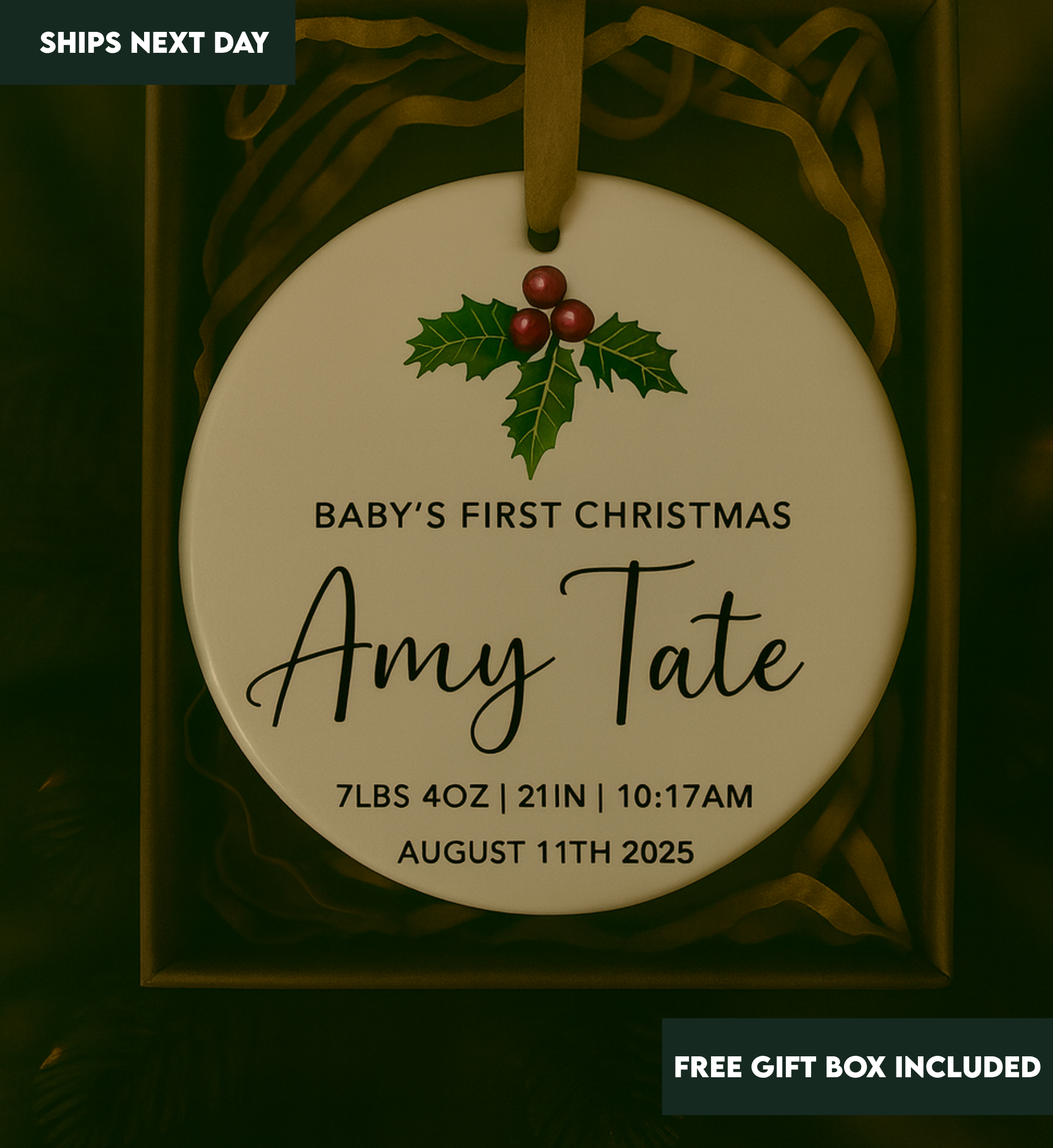 Customized Baby's Christmas Ornament - Personalized Baby's First Christmas Floral Ornament - Custom Name Weight  Ornament