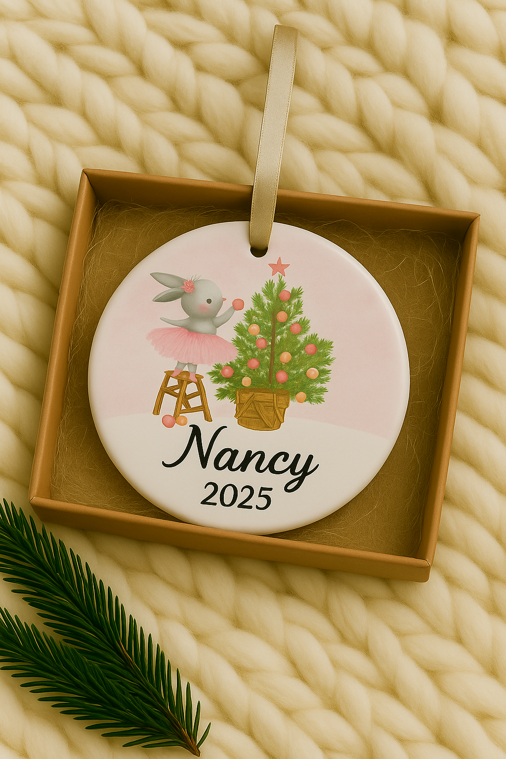 Girl's Christmas Ornament - Personalized  Christmas Tree Ornament - Customized Girl's Name Christmas Ornament - Baby Bunny Rabbit Ornament