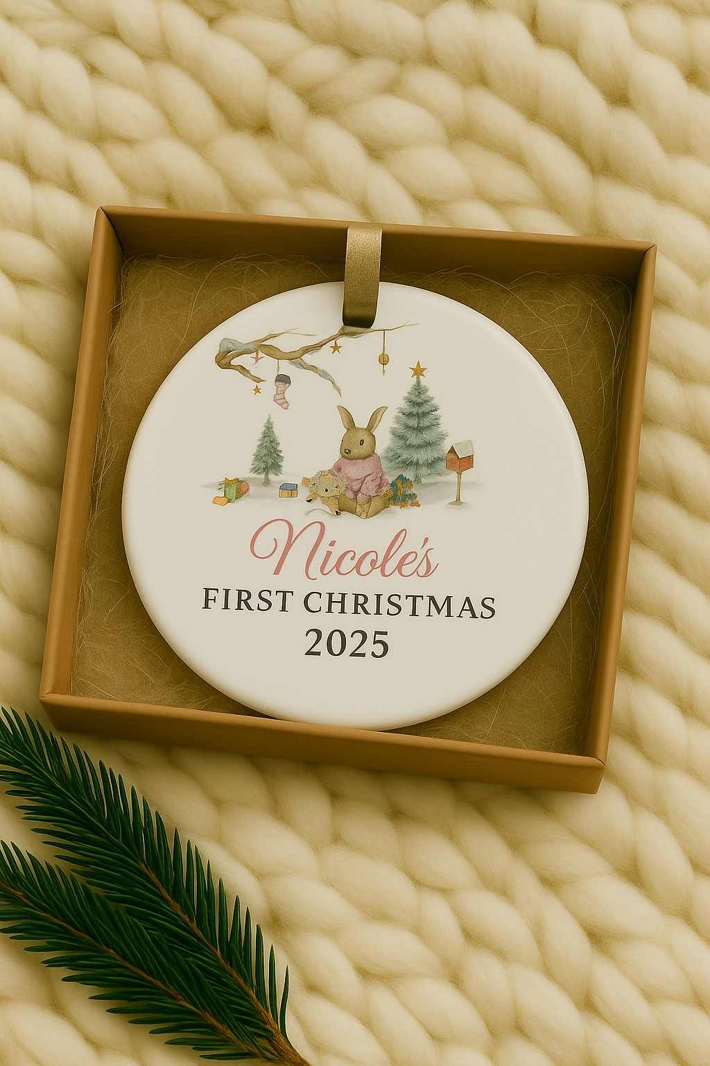 Girl's Christmas Ornament - Personalized  Christmas Tree and Rabbit Ornament - Customized Girl's Name Christmas Ornament - Baby Bunny Rabbit Ornament