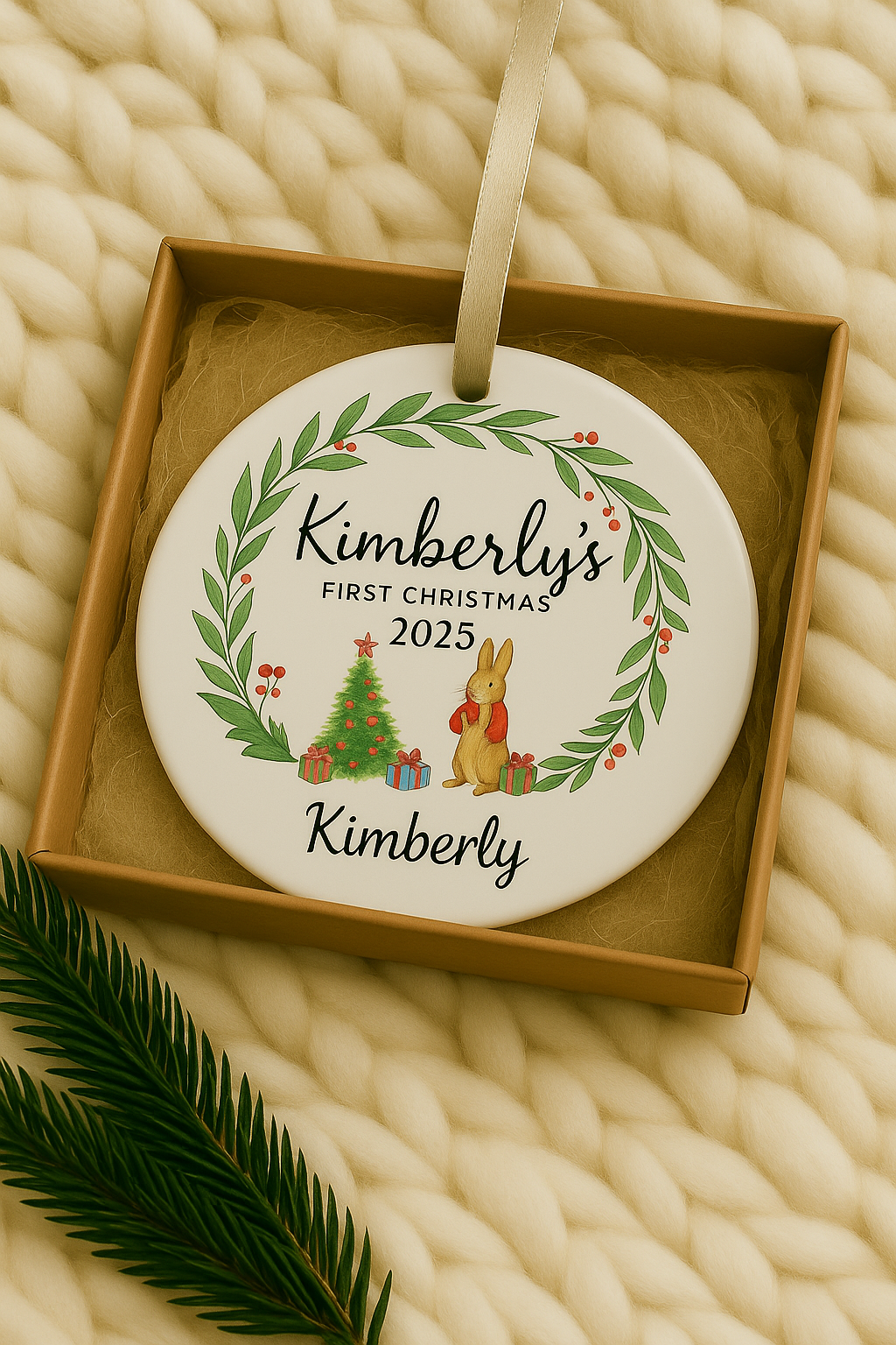 Girl's Christmas Ornament - Personalized  Christmas Tree, Flroal, Rabbit Ornament - Customized Girl's Name Christmas Ornament - Baby Bunny Rabbit Ornament (Copy)