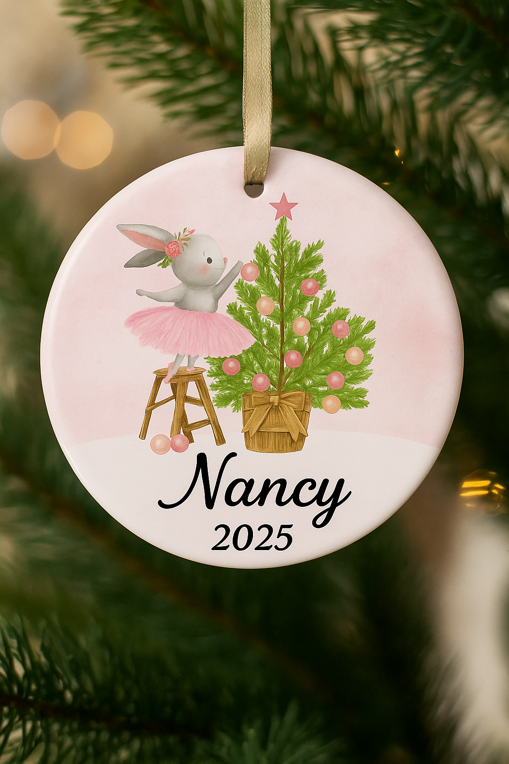 Girl's Christmas Ornament - Personalized  Christmas Tree Ornament - Customized Girl's Name Christmas Ornament - Baby Bunny Rabbit Ornament